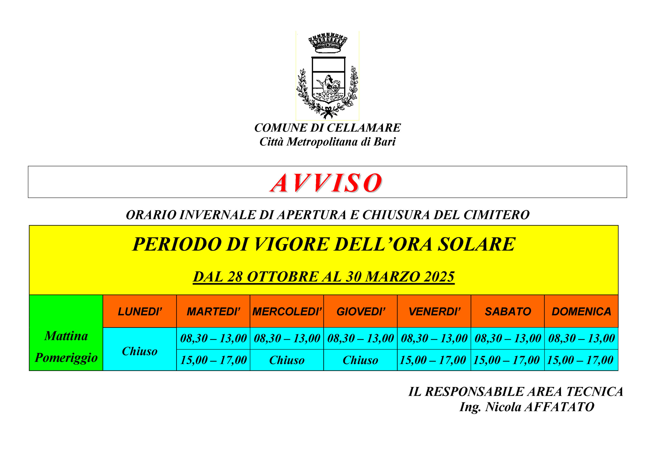 (INVERNALE) ORARIO SOLARE dal 28 10 2024